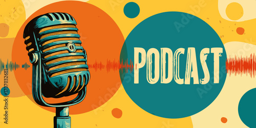 Retro Microphone Podcast Banner with Vibrant Circles and Waveform Artwork for Branding and Social Media