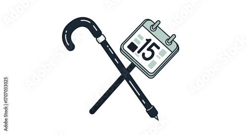 A minimalist illustration of a walking cane and a desk calendar with the date 15, crossed over each other on a white background.