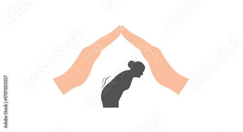 Two hands forming a protective roof over a bent elderly person, symbolizing care and support.