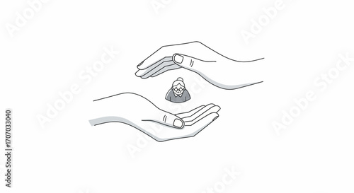 Line art illustration of two hands gently cupping and protecting a small, stylized human figure, symbolizing care and security.