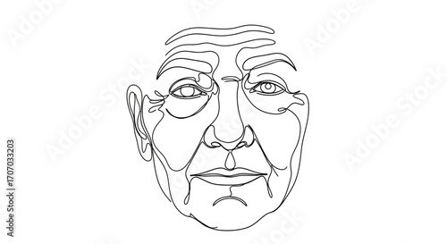 A minimalist line drawing of an elderly person's face, capturing wrinkles and features with a single continuous line.