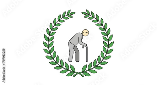 An elderly person with a cane inside a green wreath, symbolizing support and care.