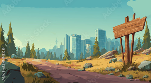 Whimsical Forest Road Leads to a Futuristic Cityscape with a Wooden Signpost in a Sunny Meadow