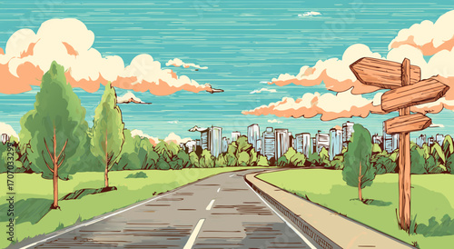 Whimsical Cartoon Road Through Green Park Toward Modern City Skyline with Wooden Signpost