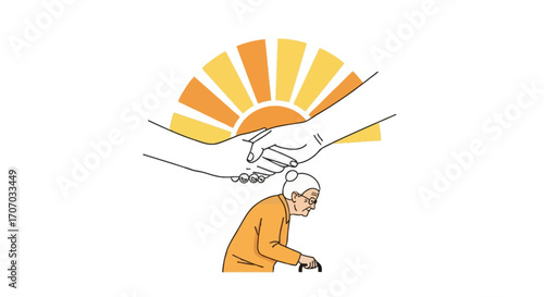 An illustration depicting two hands reaching out to an elderly woman with a cane, set against a rising sun, symbolizing care and support.