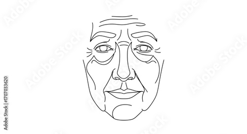Line drawing of an elderly person's face, showing wrinkles and details.