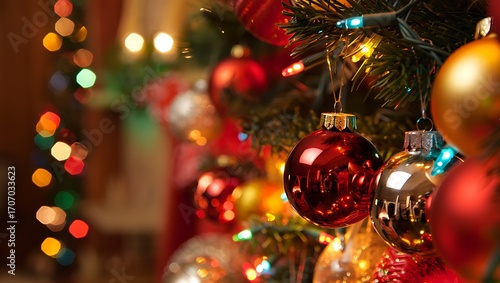 Festive Christmas Tree Decorated With Ornaments and Lights