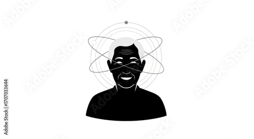 A minimalist black and white illustration of a smiling older man with a third eye, surrounded by cosmic orbits.