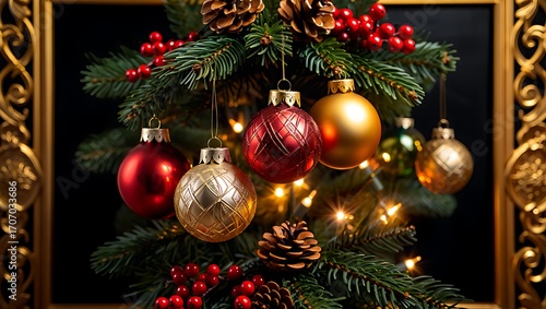 Festive christmas tree decorated with ornaments and lights