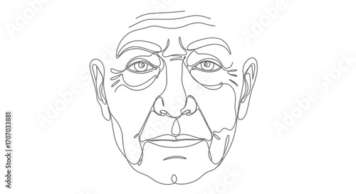Continuous line art drawing of an elderly person's face with visible wrinkles, depicting age and wisdom.