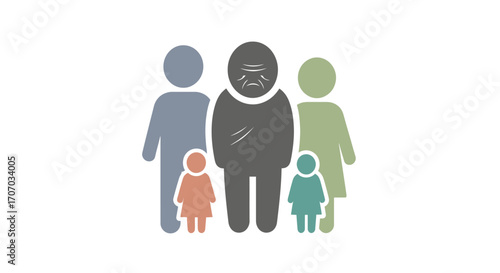 Illustration of a diverse family unit celebrating International Day of Older Persons with a senior figure surrounded by younger family members in a colorful, flat design against a clean