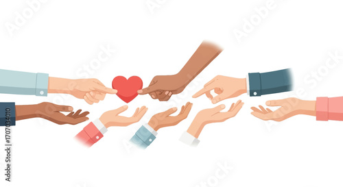 Diverse hands reaching for and sharing a red heart, symbolizing charity, community support, and giving.