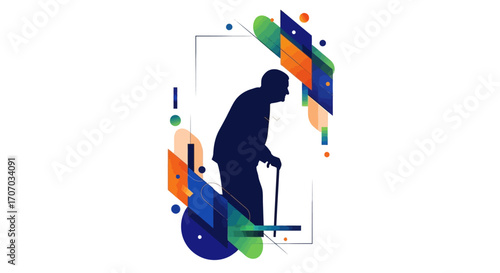Silhouette of an elderly man with a cane surrounded by abstract geometric shapes.