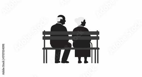 Silhouette of an elderly couple sitting on a park bench, back view.