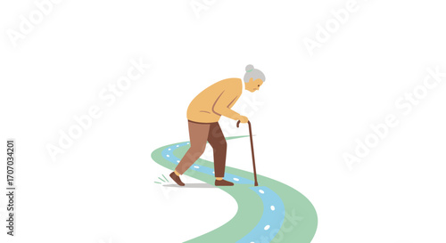 Elderly person walking with a cane along a winding path on International Day of Older Persons with a serene outdoor background.