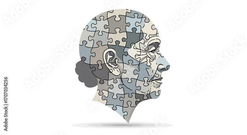 Abstract illustration of an older woman's profile, her head formed by a jigsaw puzzle, depicting themes of memory, dementia, and the aging mind.