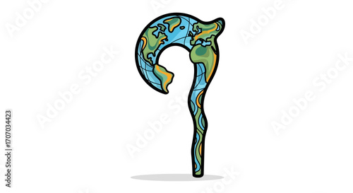 Cartoon illustration of a fishing hook shaped like the Earth.