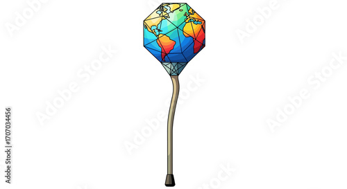 A unique walking cane with a globe-shaped top featuring a colorful map of the world.
