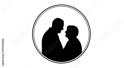 A black silhouette of an elderly man and a young boy touching noses, encircled by a thin line on a white background, symbolizing intergenerational love and respect on International Day of