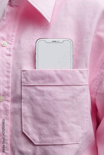 A white phone rests inside the light pink pocket of a collared shirt, the shirt's texture slightly visible in the light