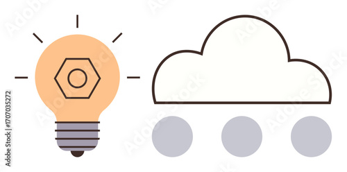 Lightbulb emitting rays symbolizes innovation alongside a cloud outline with dots below depicting cloud connectivity. Ideal for creativity, cloud computing, innovation, ideas, brainstorming