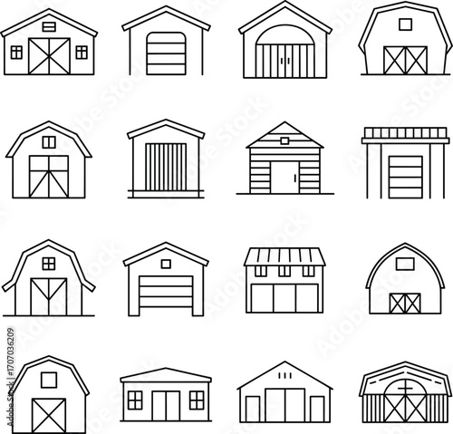 Barn and garage icons set, farm storage buildings outline, agricultural barns, rural garages, warehouse line art, farm structure vector illustration.