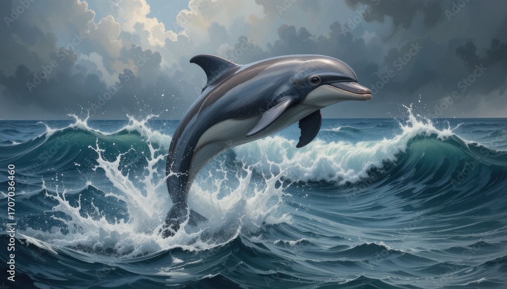 Fototapeta premium An oil painting of a playful dolphin leaping out of the water against a backdrop of stormy ocean waves.