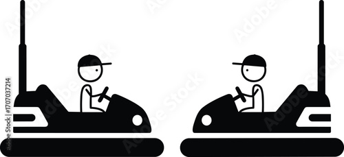 Black and white bumper car illustration, cartoon kids driving, amusement park ride silhouette, fun fair activity, vector flat graphic design.