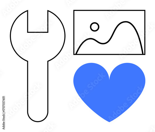 Wrench, framed photo, and heart. Ideal for customization, creativity, maintenance, innovation user experience design tools and simple landing page. Line metaphor. Simple line icons