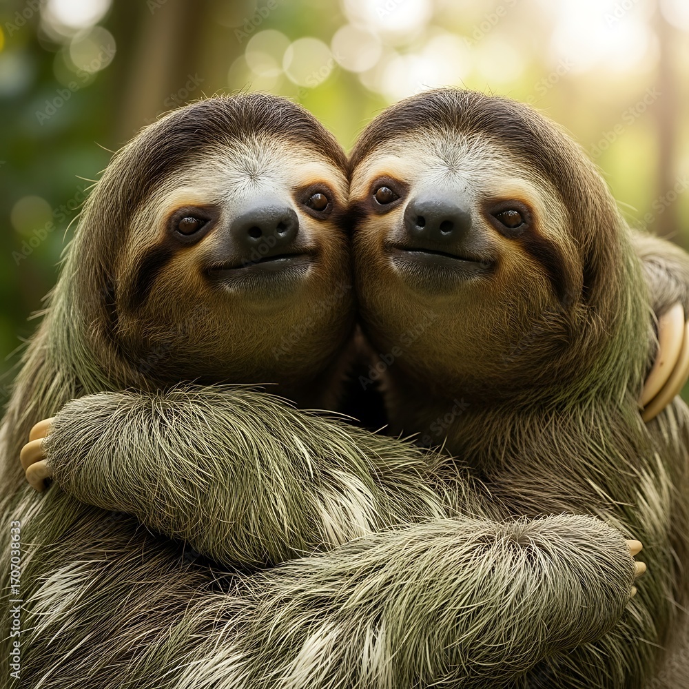 Naklejka premium Two sloths embrace in a close-up view, showcasing their soft fur and affectionate posture.