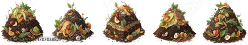 Five vibrant piles of compost teeming with fresh fruits vegetables and organic matter showcasing natural decomposition and growth
