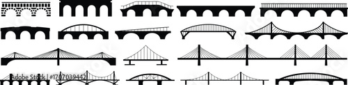 Black silhouette bridge icons set, various bridge types, suspension, arch, cable-stayed, construction symbols, engineering design, architecture, transportation, vector illustration.