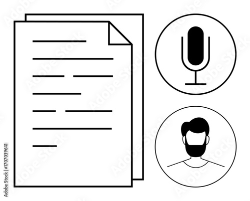 Document with text lines alongside a microphone and male avatar in circular frames. Ideal for content creation, communication, transcription, writing, podcasting, presentation, simple landing page
