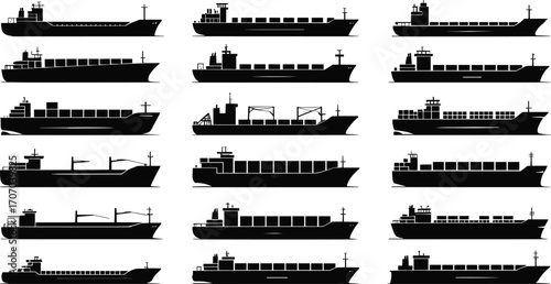 Black silhouette cargo ship icons, container ships, freight vessels, ocean transport, shipping industry, logistics, marine transportation, commercial ships, vector illustration set.