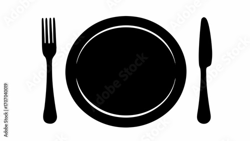 Black and white illustration of a plate with a fork on the left and a knife on the right side set up