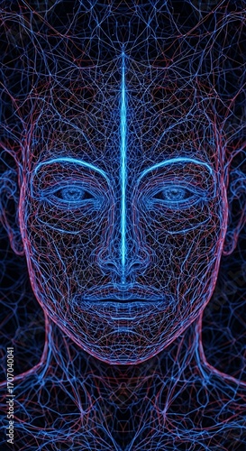 Intricate network design forming a female face, with vibrant blue and red lines on a dark background.