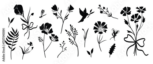 Black and white Flower element vector set.  Silhouette botanical with floral, stalk, branch, leaves. Design illustration for card, packaging, sticker, decorative.