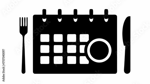 Black and white graphic of a calendar with a fork and knife indicating meal planning or scheduling meals