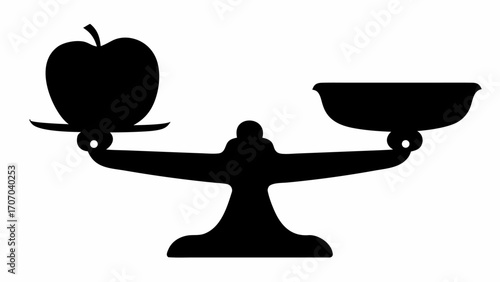 A black silhouette of a balance scale with an apple on one side and an empty bowl on the other side