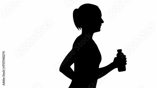 Silhouette of a woman holding a water bottle in her hand against a white background in side profile