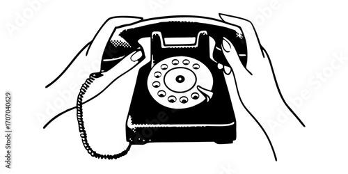 Hands holding a black rotary phone with coiled cord in a vintage style illustration on white background