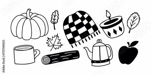 A cozy autumn themed doodle featuring a pumpkin, leaves, blanket, candle, and hot beverage items