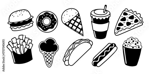 Illustration of various fast food items including burger donut ice cream and hot dog in black and white