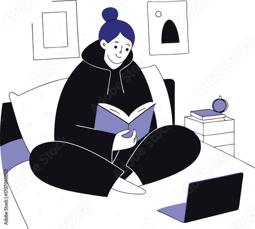 Playful vector illustration of a teenage girl with dark hair in a bun wearing a black hoodie reading a book on a bed with a laptop