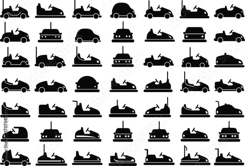 Bumper cars collection silhouette, amusement park rides, carnival attraction icons, funfair vehicle shapes, electric car set, leisure entertainment symbols.