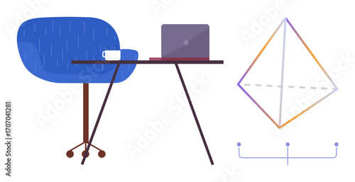 Blue swivel chair, desk with laptop and cup, pyramid diagram connected by nodes. Ideal for work environment, data analysis, creativity, education, strategy planning, modern design simple flat