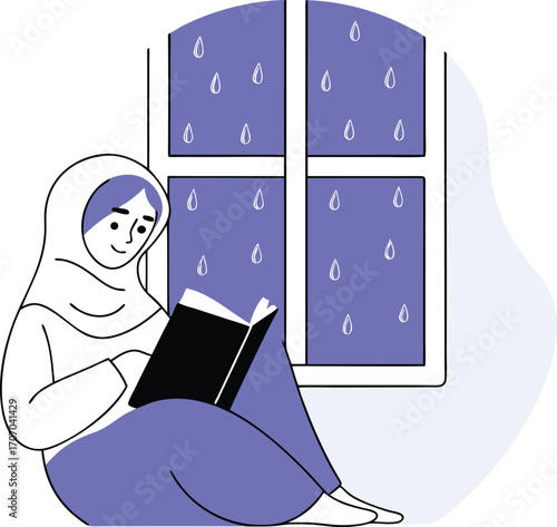 Woman in hijab reading a book by the window with rain outside vector