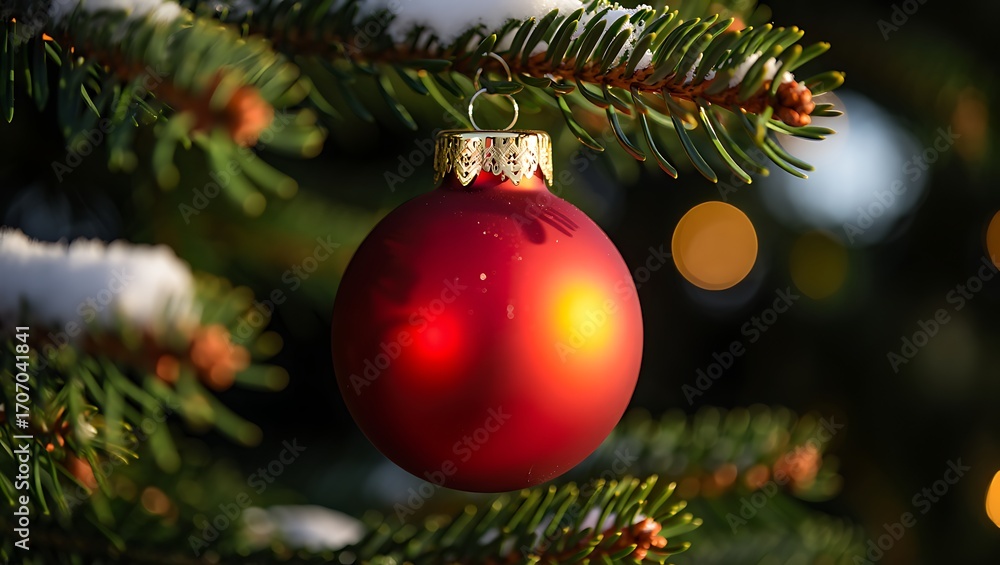 Fototapeta premium Red christmas ornament hanging on snowy fir branch