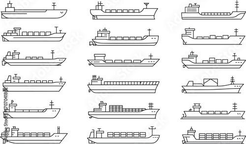 Cargo container ships line art set, shipping vessels illustration, commercial freight ships, maritime transport icons, ocean cargo ships, bulk carriers drawing.