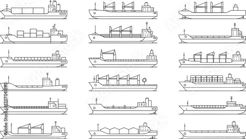 Cargo ships line drawing set, container ships, bulk carriers, cargo vessel illustrations, maritime transport, shipping industry icons, commercial ships design.